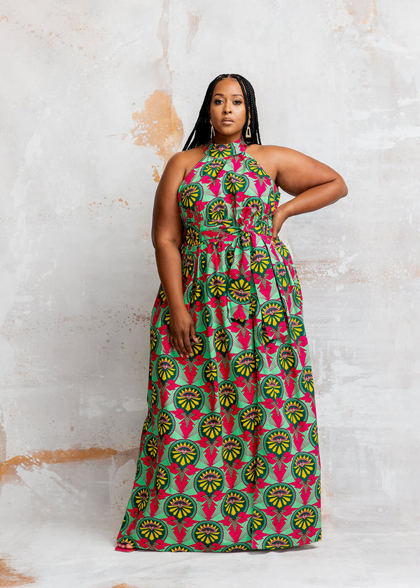 Ronke Women's African Print Maxi Dress (Green Pink Sunrise)