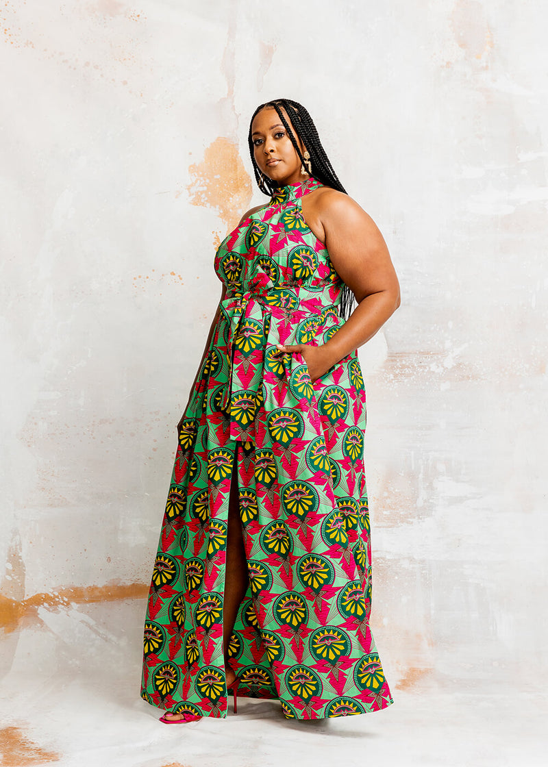 Ronke Women's African Print Maxi Dress (Green Pink Sunrise)-Clearance