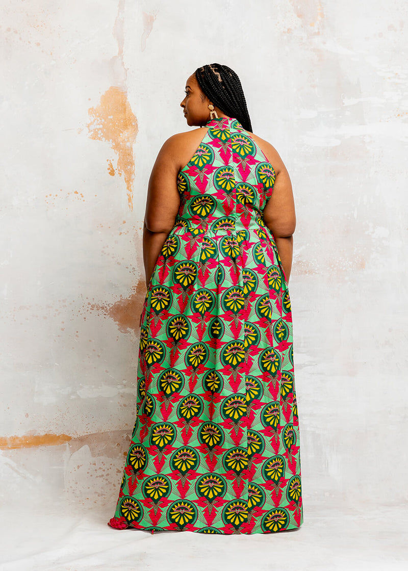 Ronke Women's African Print Maxi Dress (Green Pink Sunrise)-Clearance