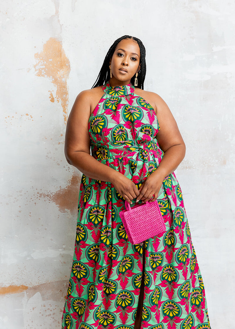 Ronke Women's African Print Maxi Dress (Green Pink Sunrise)-Clearance