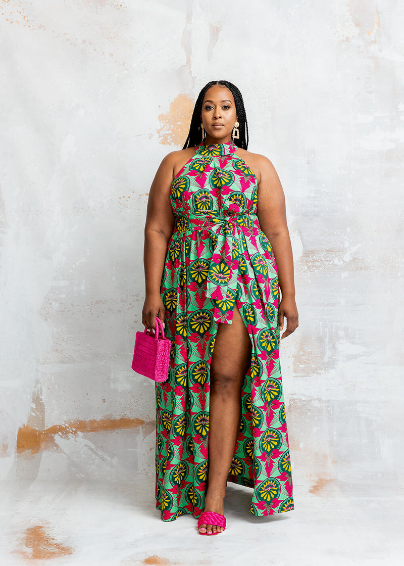 Ronke Women's African Print Maxi Dress (Green Pink Sunrise)
