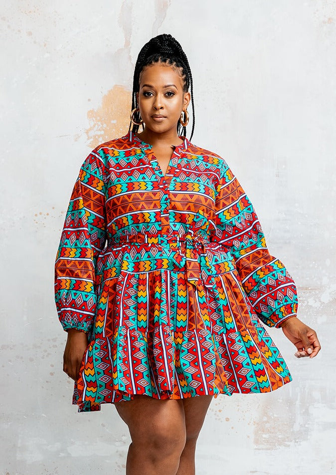 Malia Women's African Print Mini Dress (Rainbow Tribal)