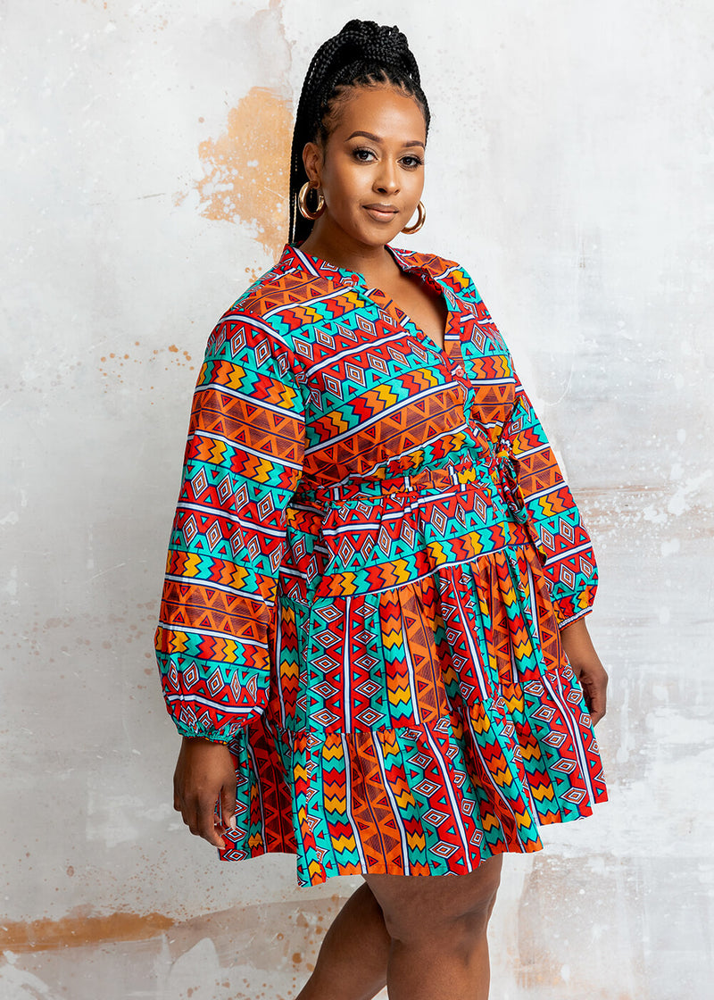 Malia Women's African Print Mini Dress (Rainbow Tribal)