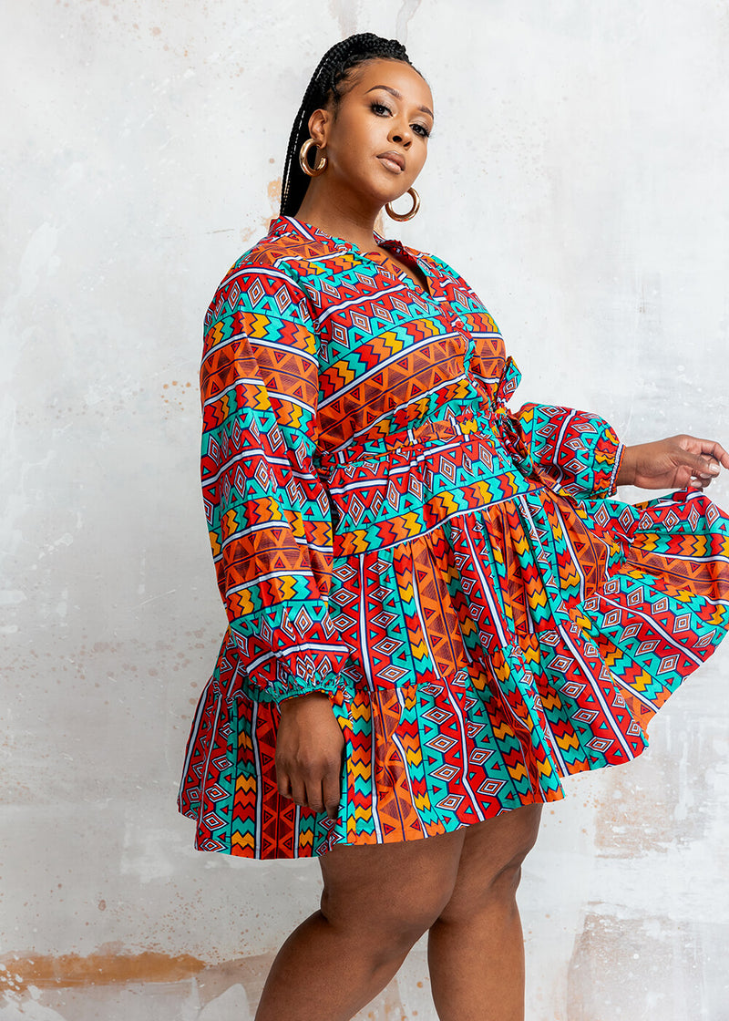 Malia Women's African Print Mini Dress (Rainbow Tribal)
