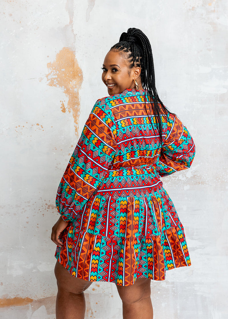 Malia Women's African Print Mini Dress (Rainbow Tribal)