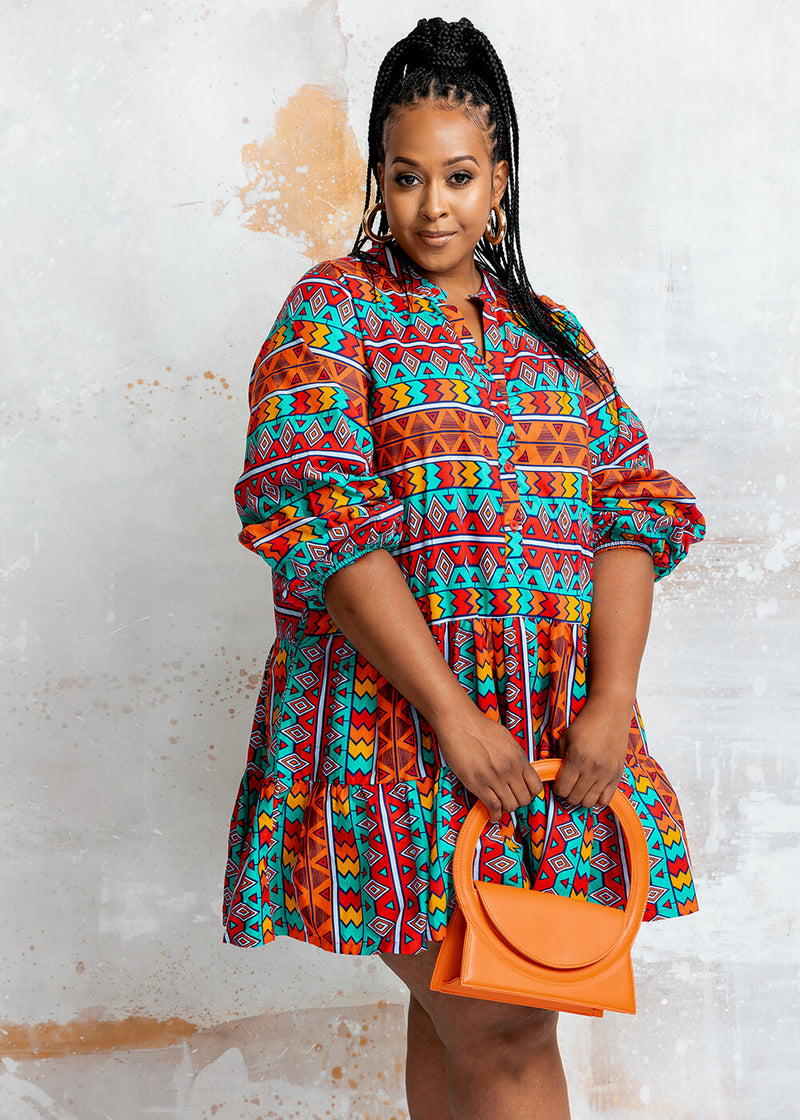 Malia Women's African Print Mini Dress (Rainbow Tribal)