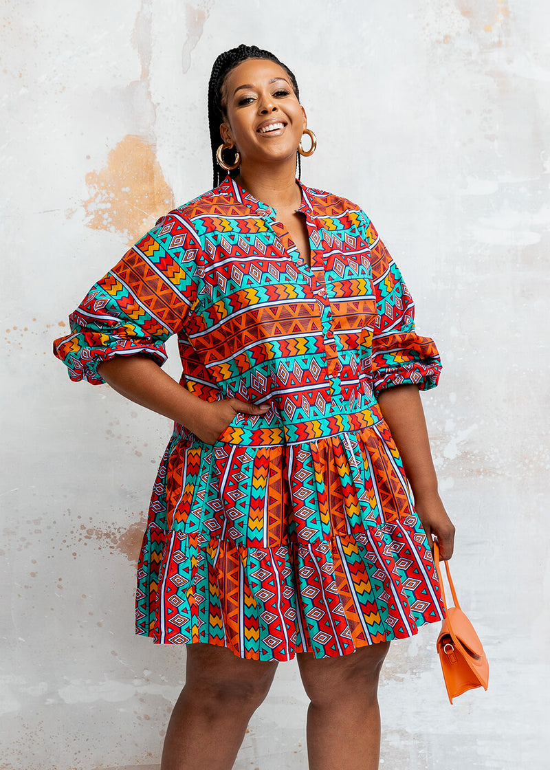 Malia Women's African Print Mini Dress (Rainbow Tribal)