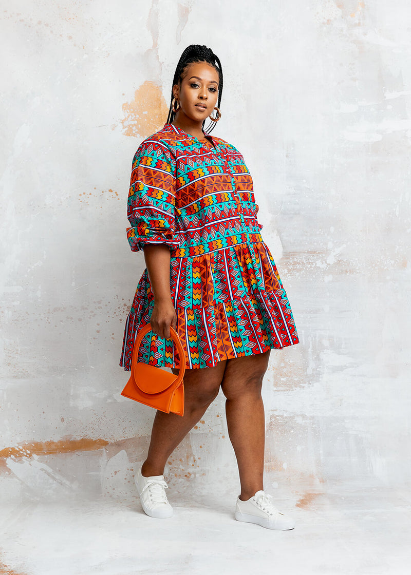 Malia Women's African Print Mini Dress (Rainbow Tribal)