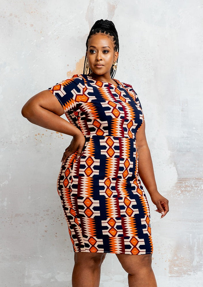 Sabella Women's African Print Stretch Dress (Cream Orange Kente)