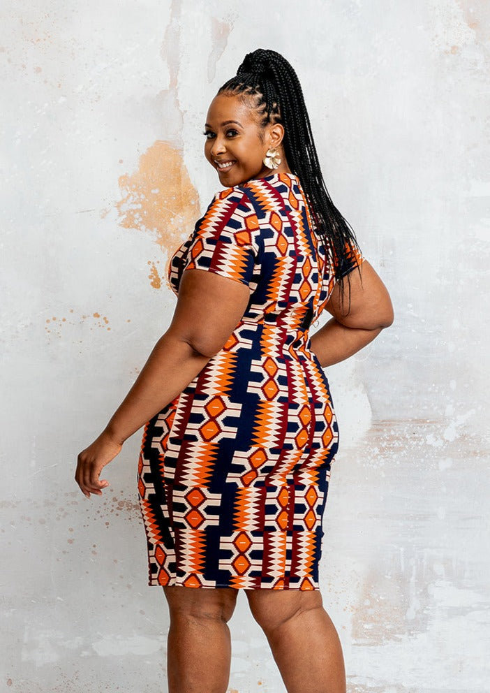Sabella Women's African Print Stretch Dress (Cream Orange Kente)