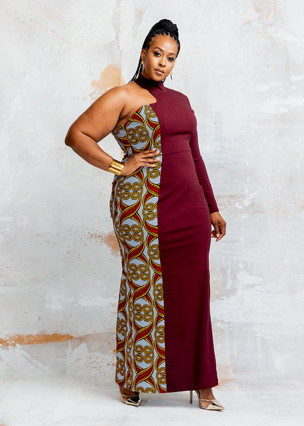 Elemi Women's African Print Stretch Gown (Maroon/Red Yellow Vines)