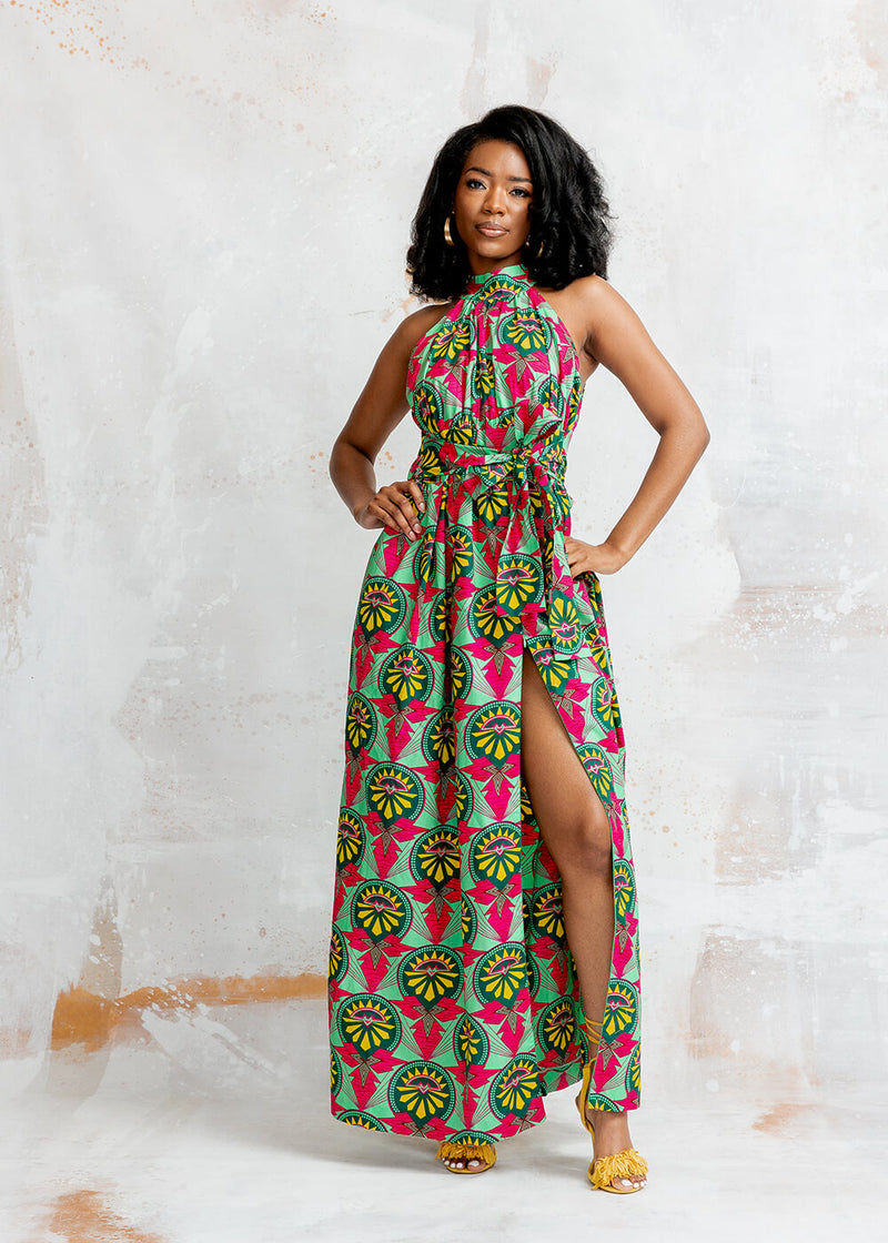 Ronke Women's African Print Maxi Dress (Green Pink Sunrise)