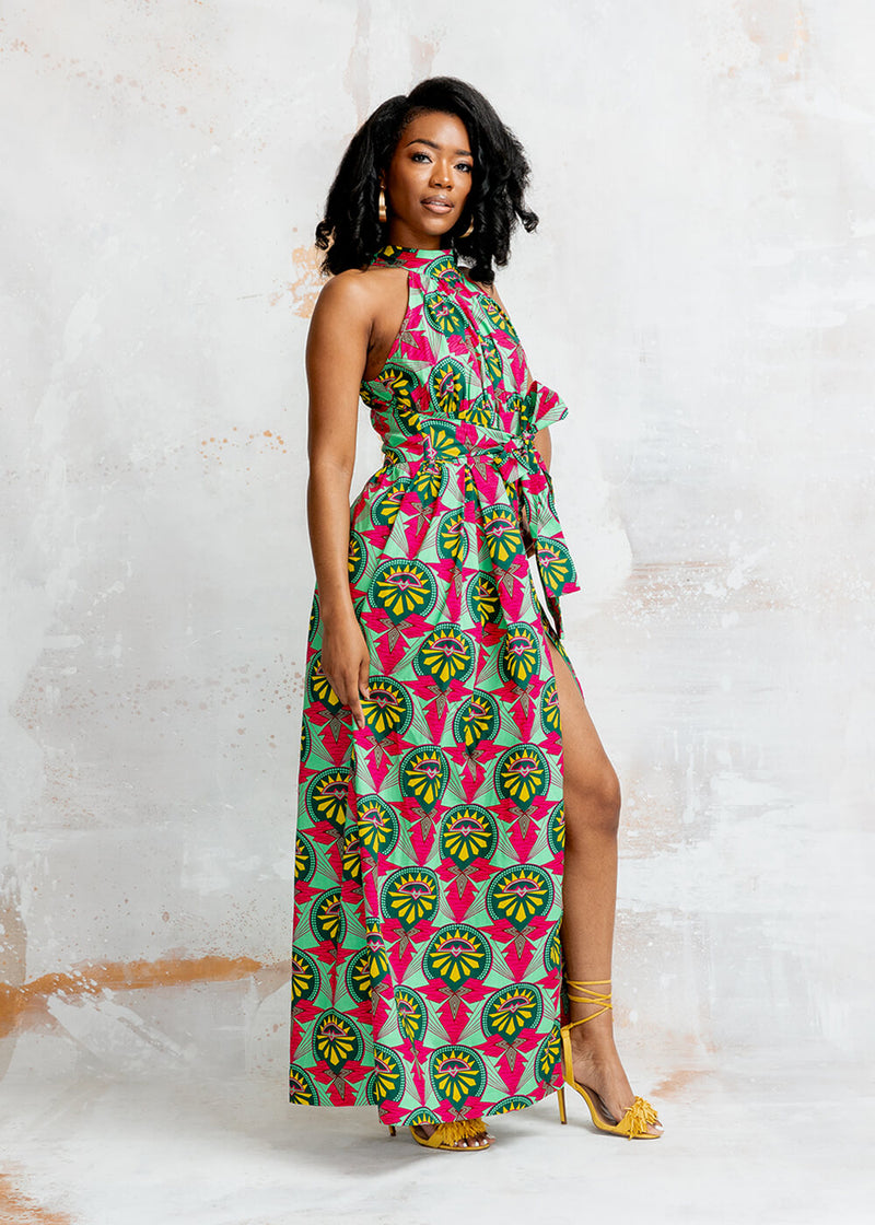 Ronke Women's African Print Maxi Dress (Green Pink Sunrise) – D'IYANU