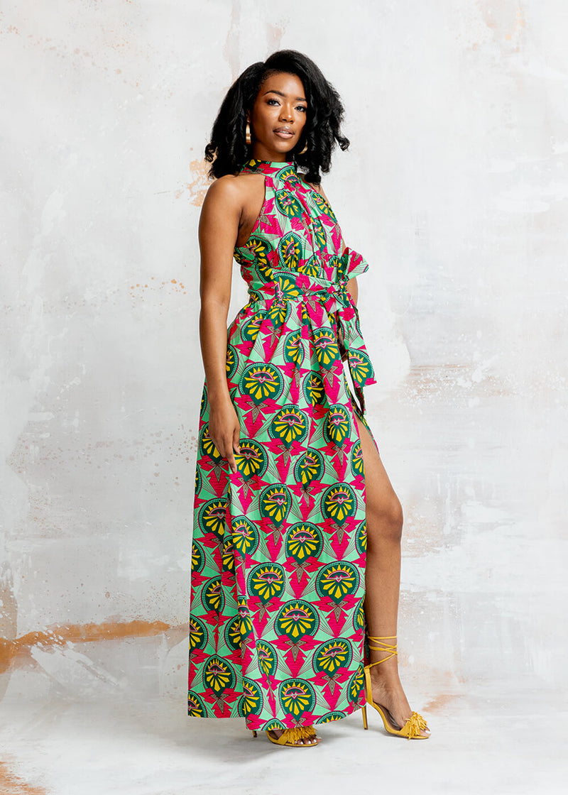 Ronke Women's African Print Maxi Dress (Green Pink Sunrise)