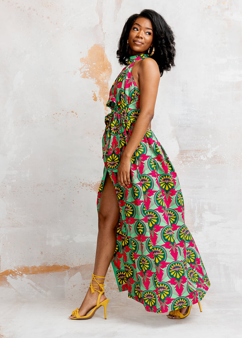 Ronke Women's African Print Maxi Dress (Green Pink Sunrise)-Clearance