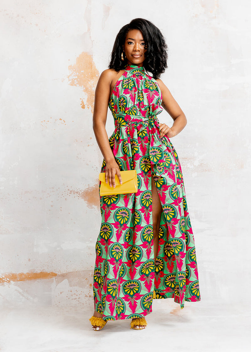 Ronke Women's African Print Maxi Dress (Green Pink Sunrise)-Clearance