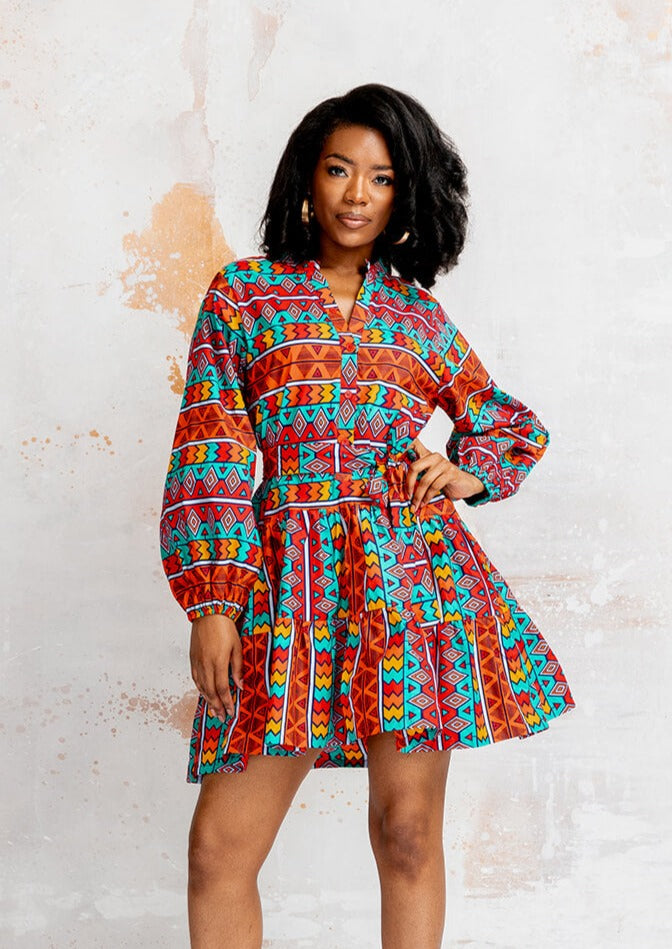 Malia Women's African Print Mini Dress (Rainbow Tribal)