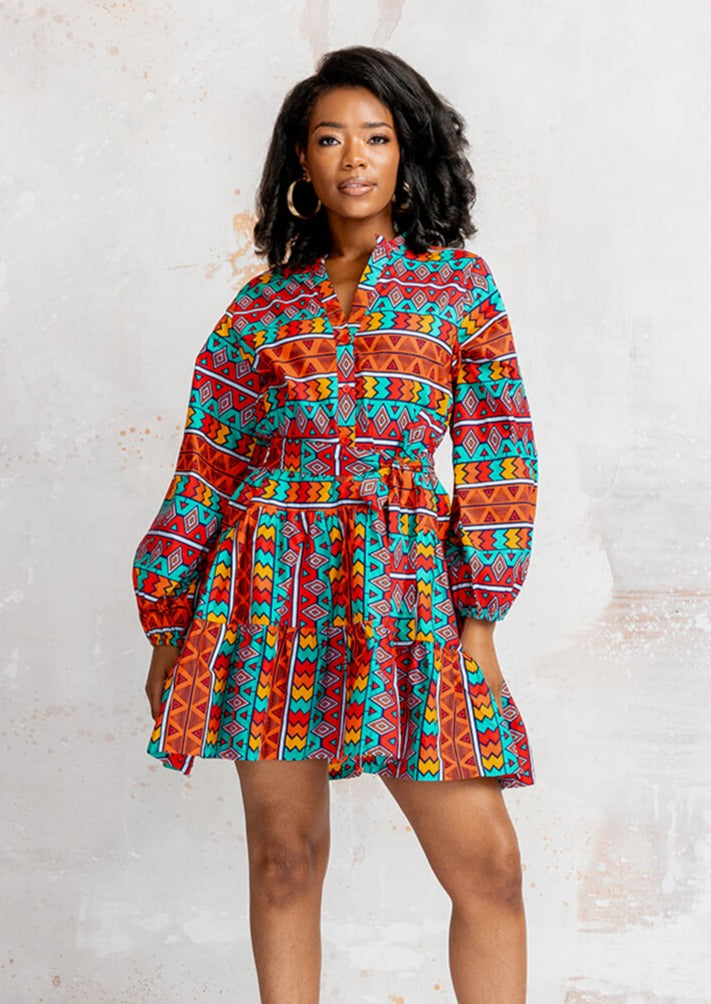 Malia Women's African Print Mini Dress (Rainbow Tribal)