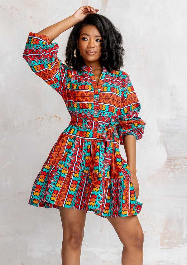 Malia Women's African Print Mini Dress (Rainbow Tribal)