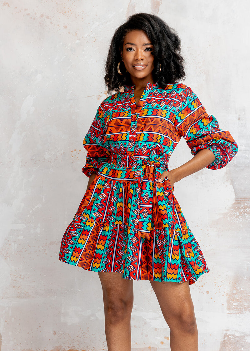 Malia Women's African Print Mini Dress (Rainbow Tribal)