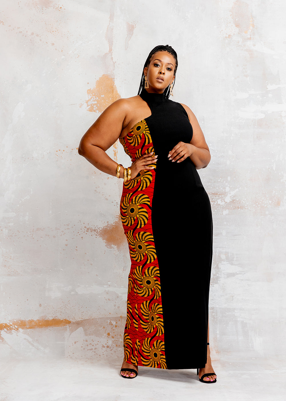 Jalia Women's African Print Stretch Gown (Black/Yellow Red Swirls) – D ...