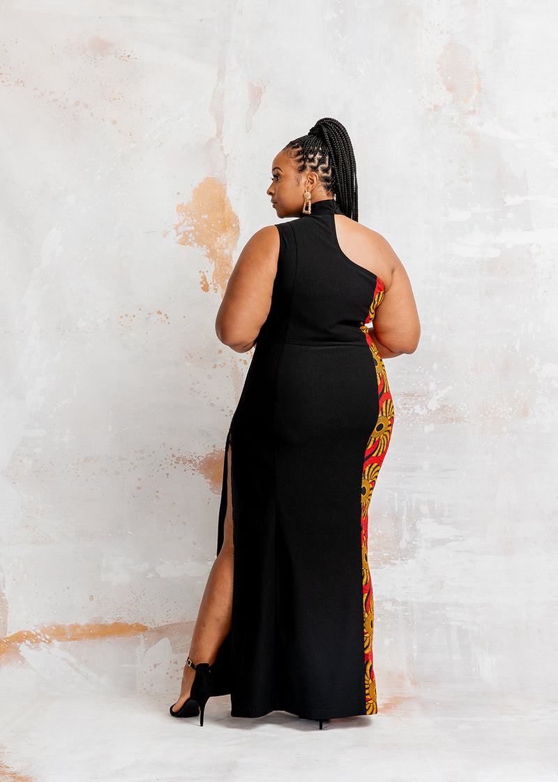Jalia Women's African Print Stretch Gown (Black/Yellow Red Swirls)