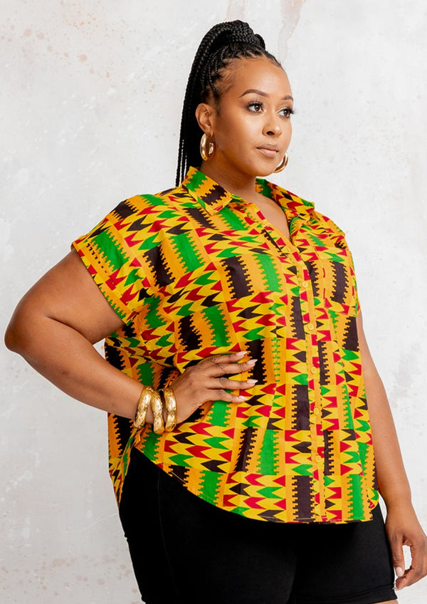 Tahiya Women's African Print Button-Up Blouse (Gold Maroon Kente)