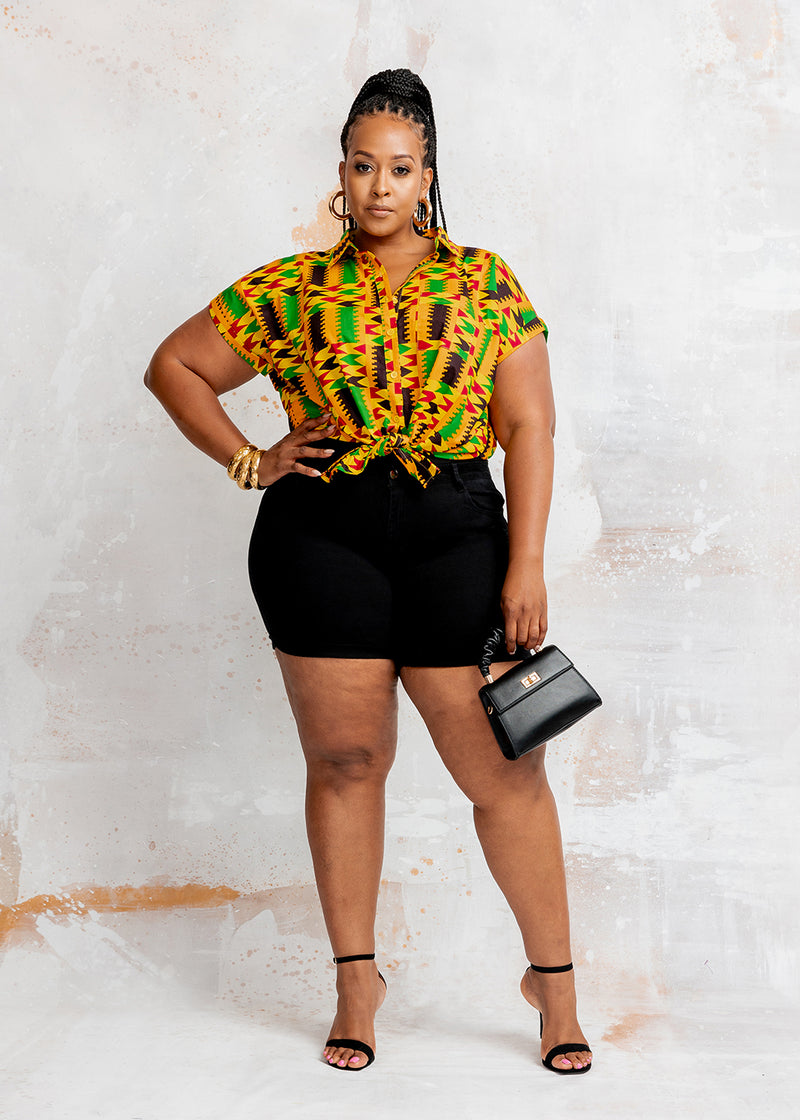 Tahiya Women's African Print Button-Up Blouse (Gold Maroon Kente)