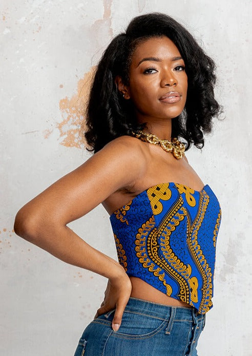 Caimile Women's African Print Stretch Corset (Gold Blue Motif)