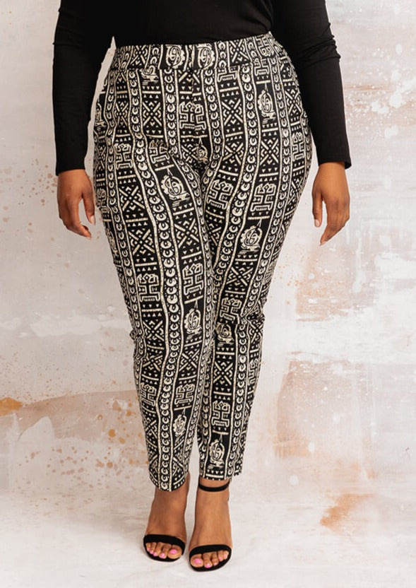 Talia Women's African Print Stretch Woven Pants (Black White Tribal)