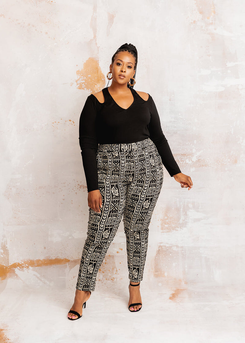 Talia Women's African Print Stretch Woven Pants (Black White Tribal)