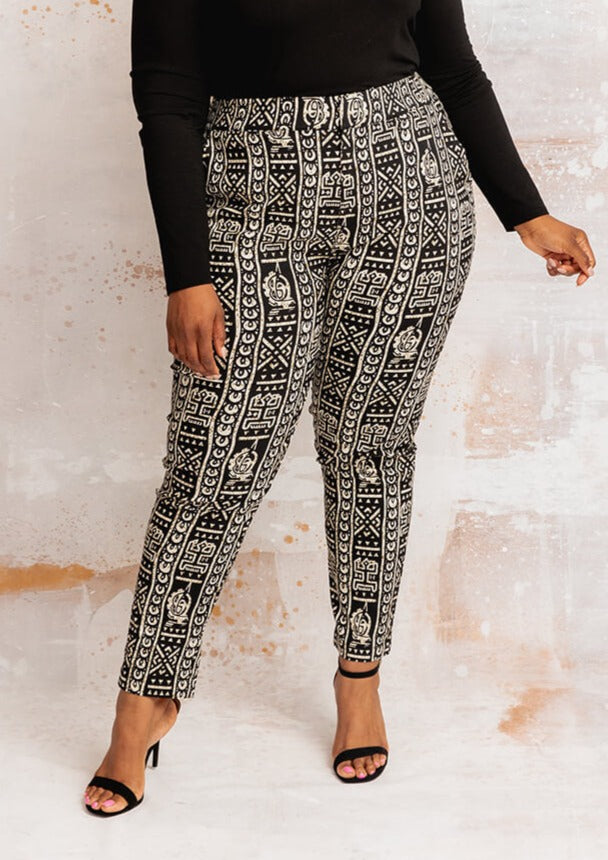 Talia Women's African Print Stretch Woven Pants (Black White Tribal)