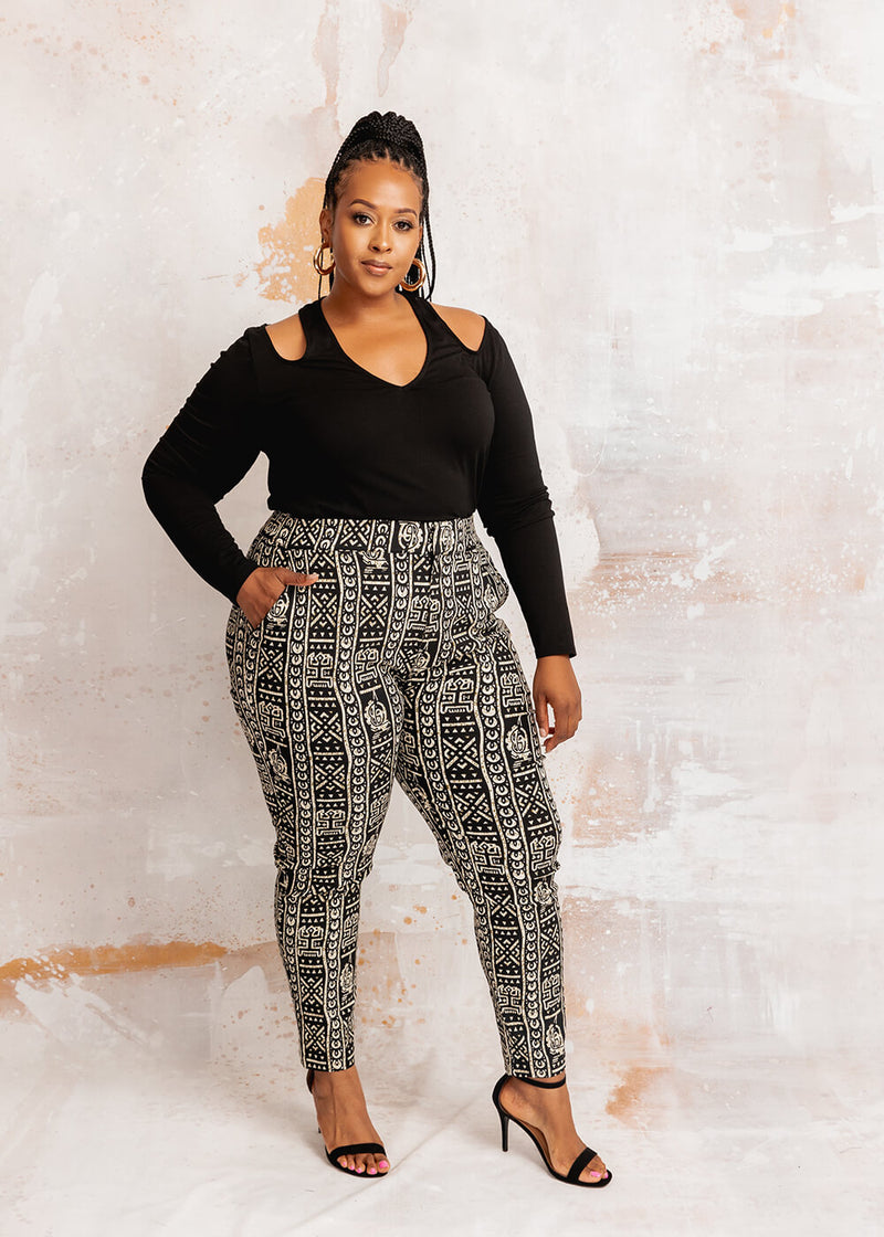 Talia Women's African Print Stretch Woven Pants (Black White Tribal)