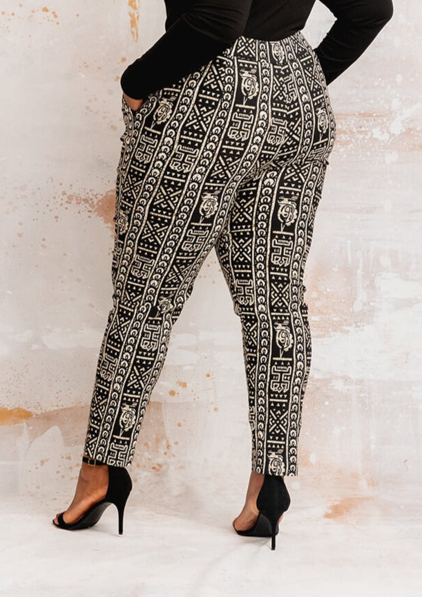 Talia Women's African Print Stretch Woven Pants (Black White Tribal)
