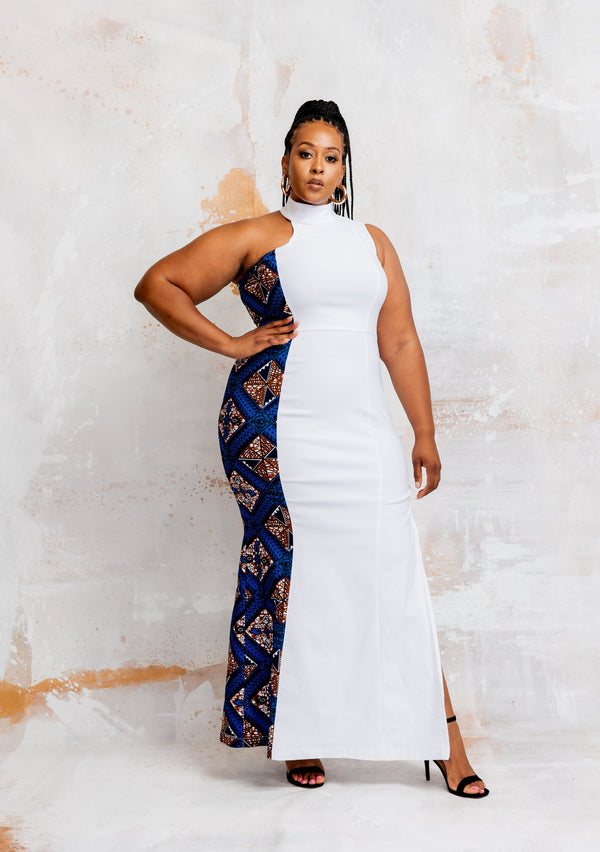 Jalia Women's African Print Stretch Gown (Blue Tan Diamonds)