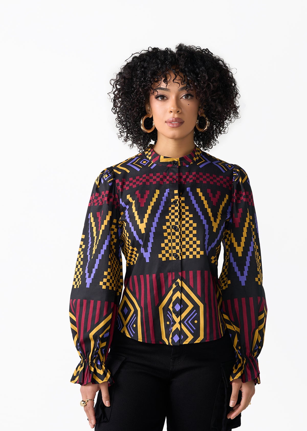 Jahzara Women's African Print Blouse (Black Burgundy Tribal)