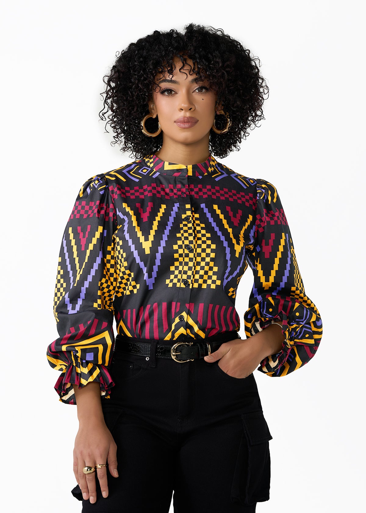 Jahzara Women's African Print Blouse (Black Burgundy Tribal)