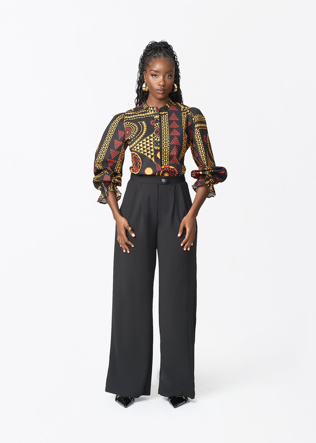 Jahzara Women's African Print Blouse (Black Spice Medallion) - D'IYANU