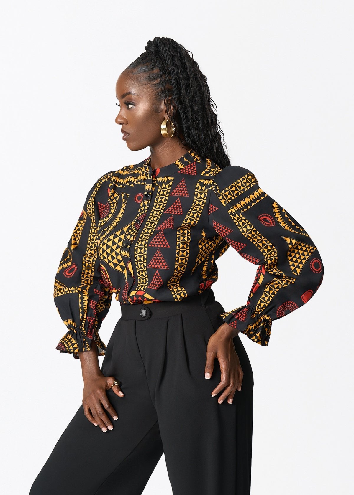Jahzara Women's African Print Blouse (Black Spice Medallion) - D'IYANU