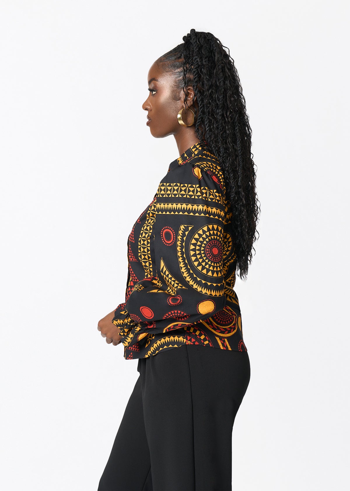 Jahzara Women's African Print Blouse (Black Spice Medallion) - D'IYANU
