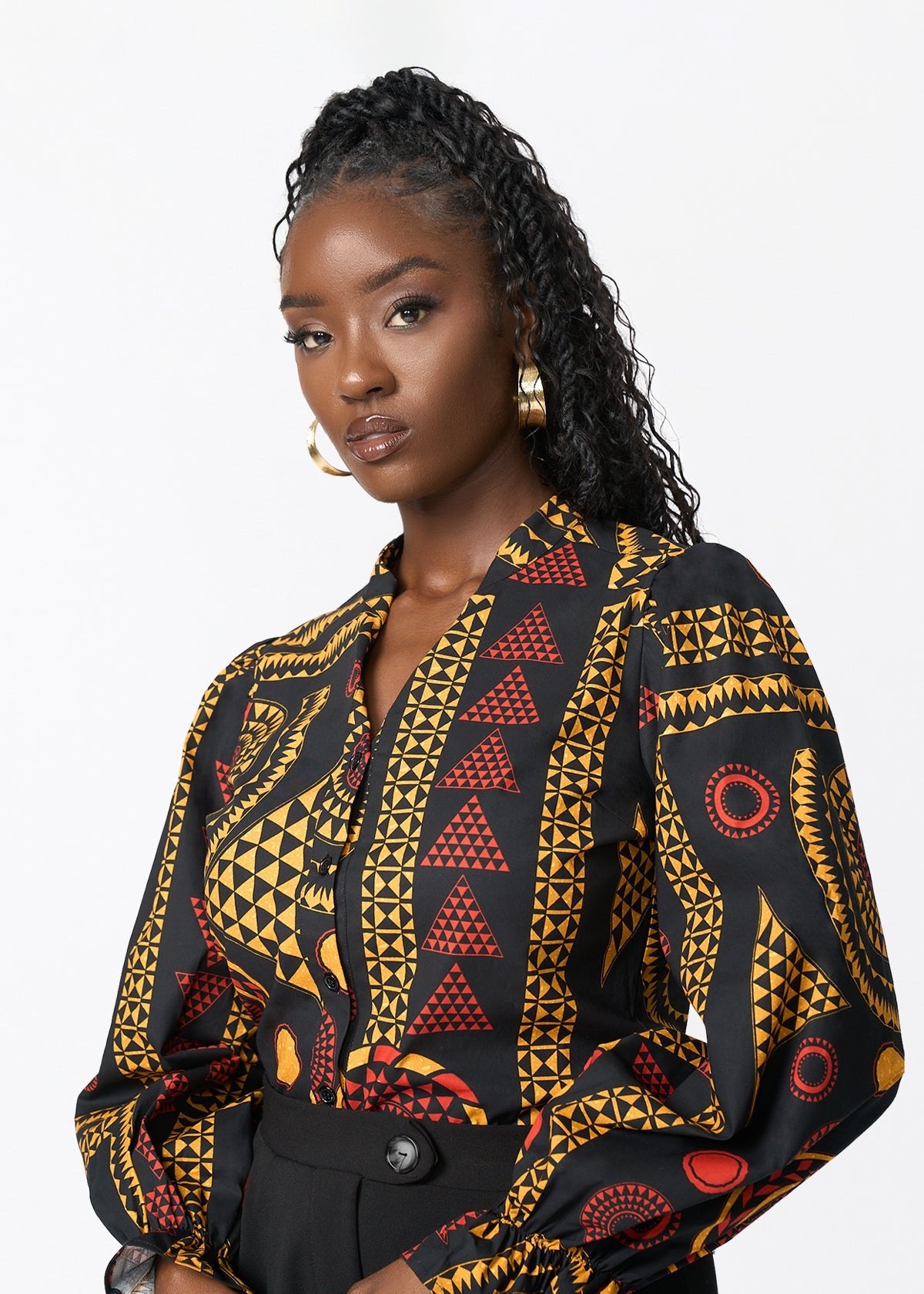 Jahzara Women's African Print Blouse (Black Spice Medallion) - D'IYANU