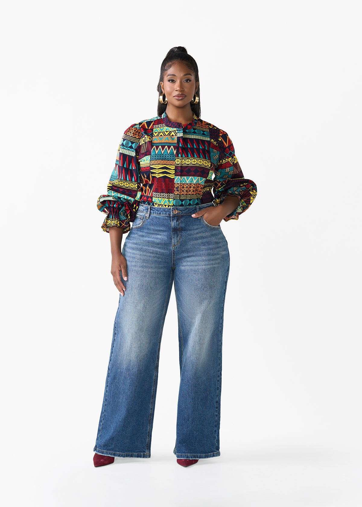 Jahzara Women's African Print Blouse (Navy Multicolor Kente)