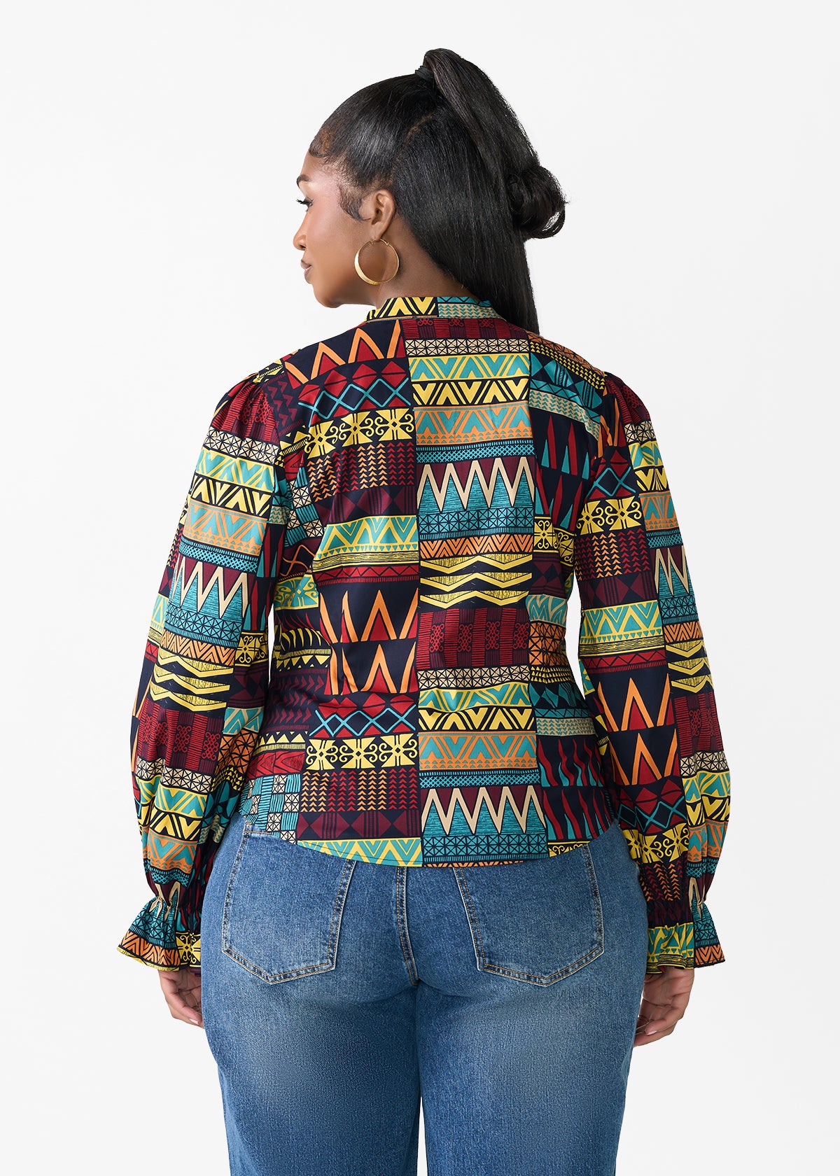 Jahzara Women's African Print Blouse (Navy Multicolor Kente)
