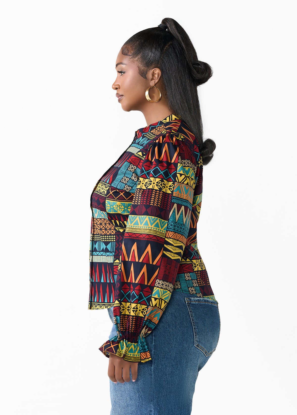 Jahzara Women's African Print Blouse (Navy Multicolor Kente)