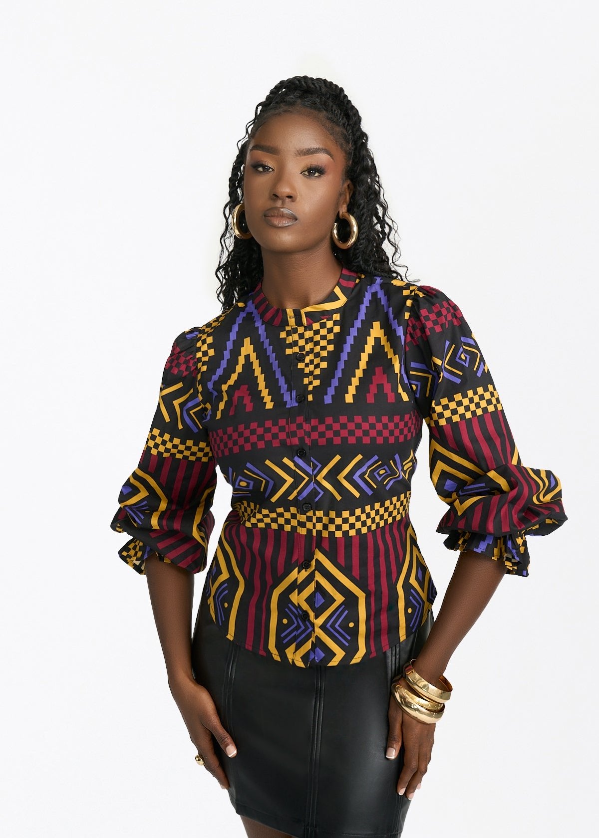 Jahzara Women's African Print Blouse (Black Burgundy Tribal) - D'IYANU