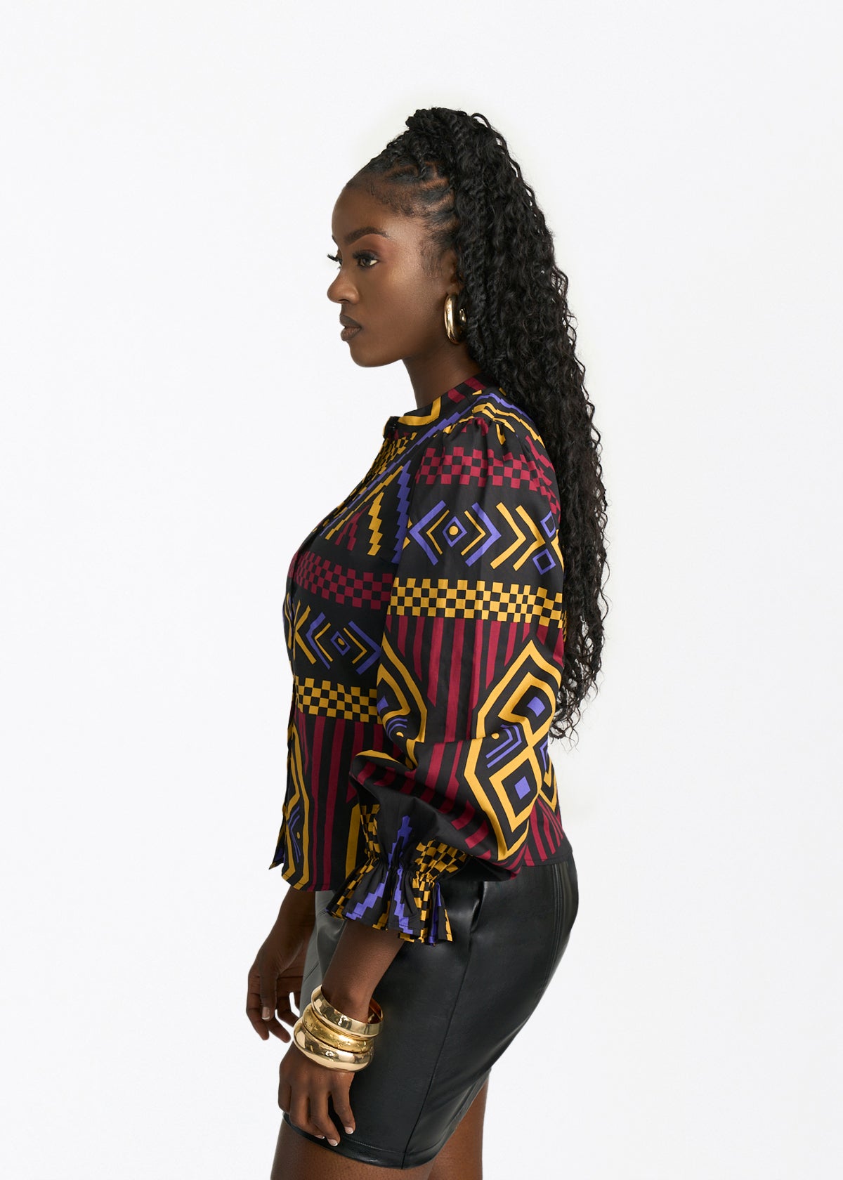 Jahzara Women's African Print Blouse (Black Burgundy Tribal) - D'IYANU