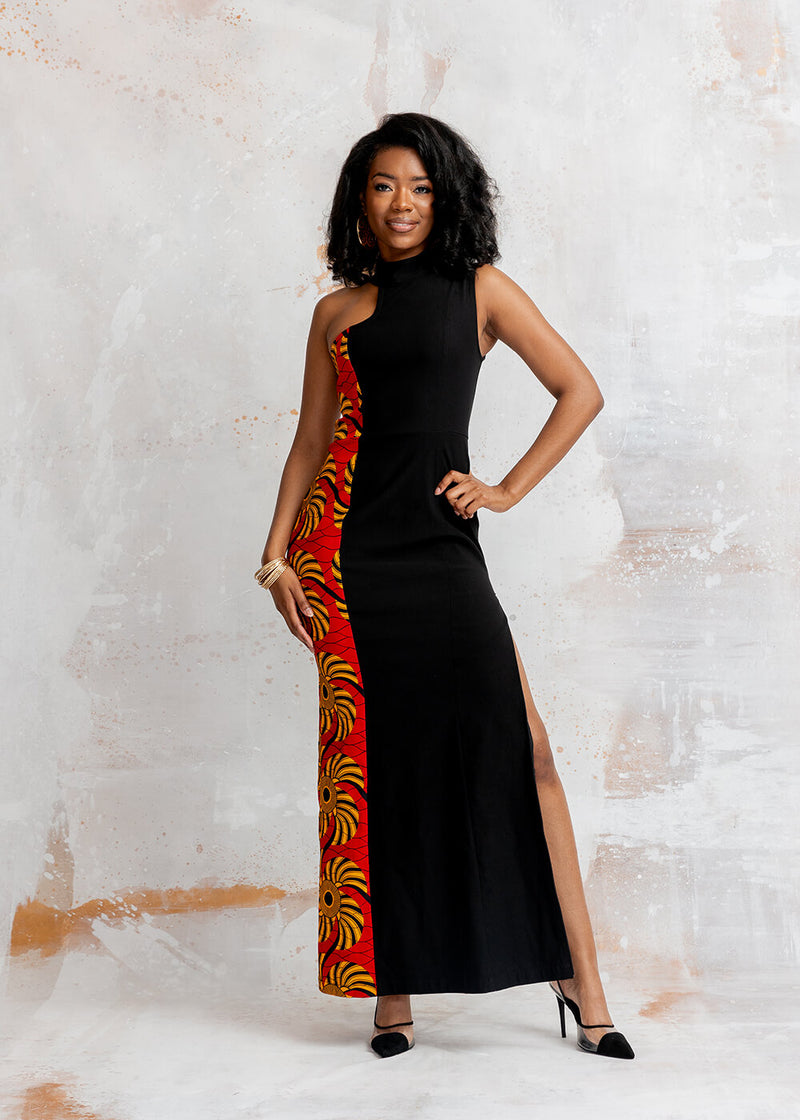 Jalia Women's African Print Stretch Gown (Black/Yellow Red Swirls)