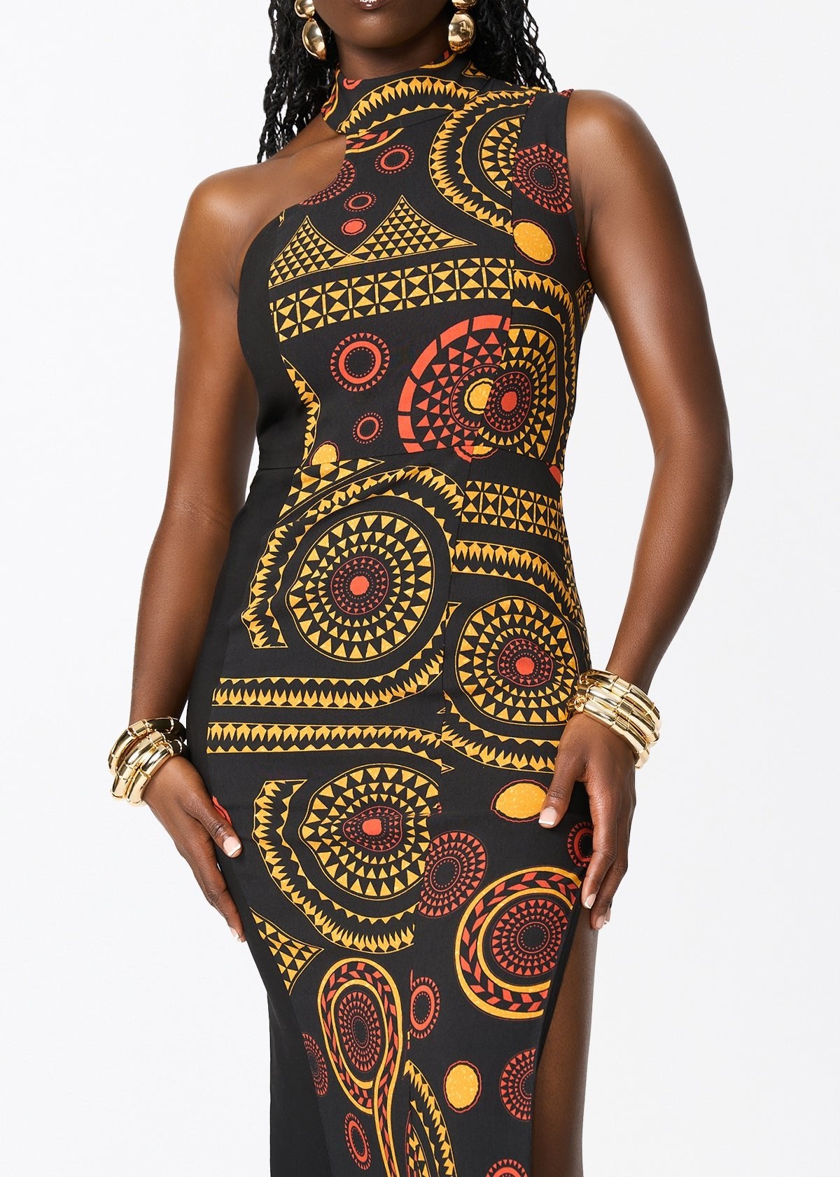 Jalia African Print Stretch Gown (Black Spice Medallion) - D'IYANU