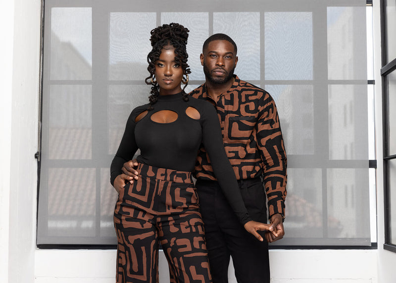 Jamal Men's African Print Mandarin Collar Shirt (Espresso Geometric)