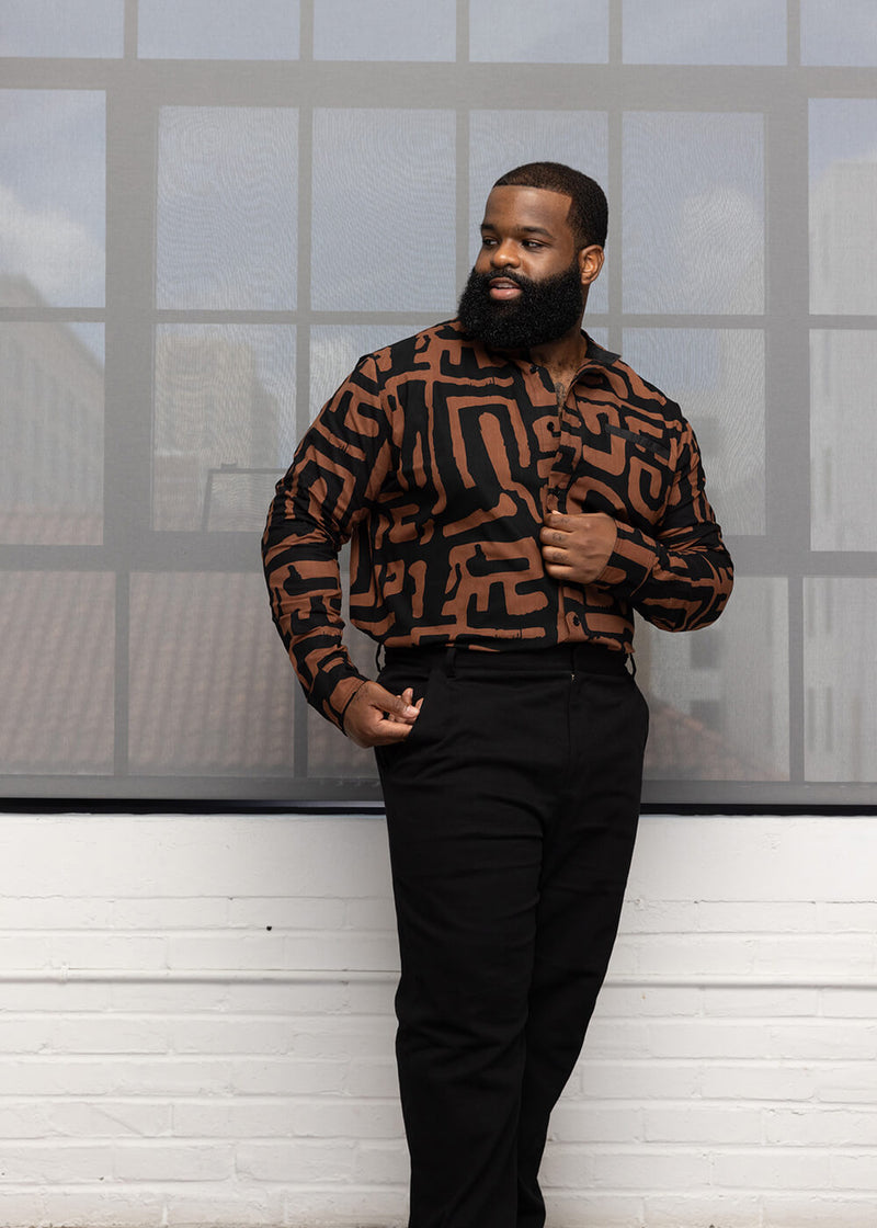 Jamal Men's African Print Mandarin Collar Shirt (Espresso Geometric)